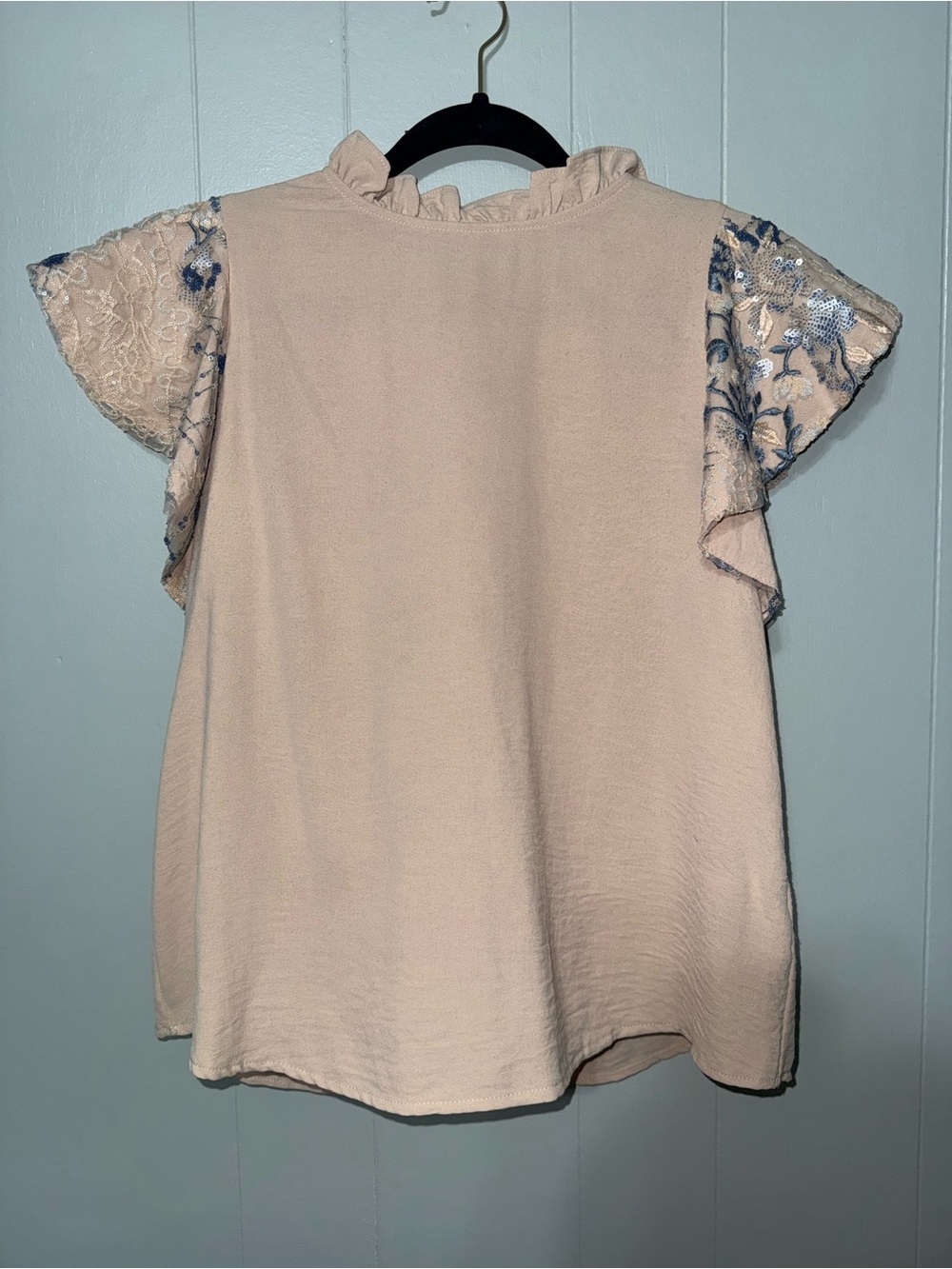 Women’s Ruffled Neck Blouse with Embroidered Cap Sleeves - Cream